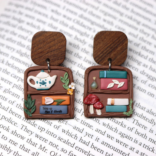 Square Cottage Witch Bookshelf Earrings with "Tales of Men & Ghosts"