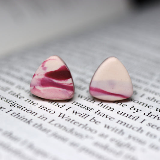 Triangle Studs - Magenta and White Marble