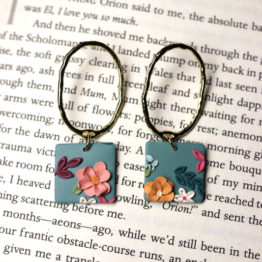 Mini Square Earrings in Teal Floral