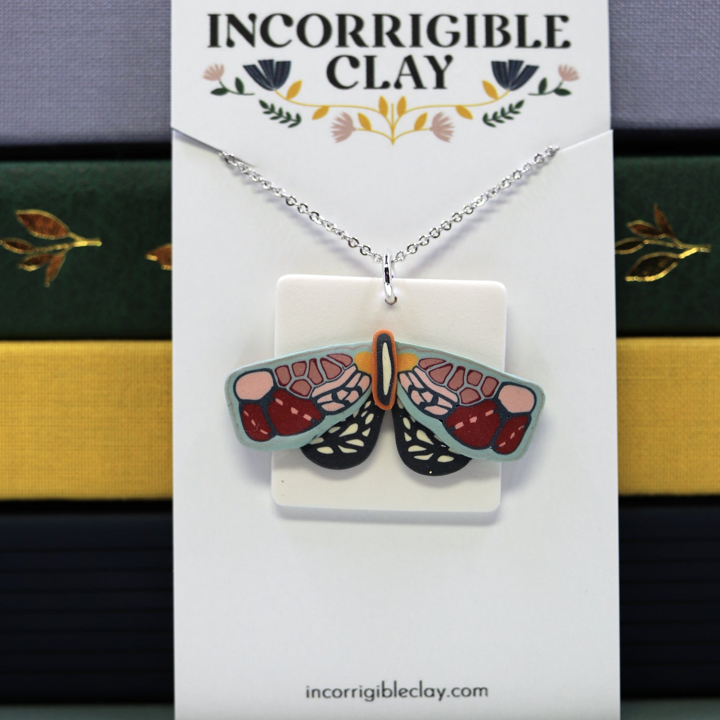 Folk Art Moth on White Necklace