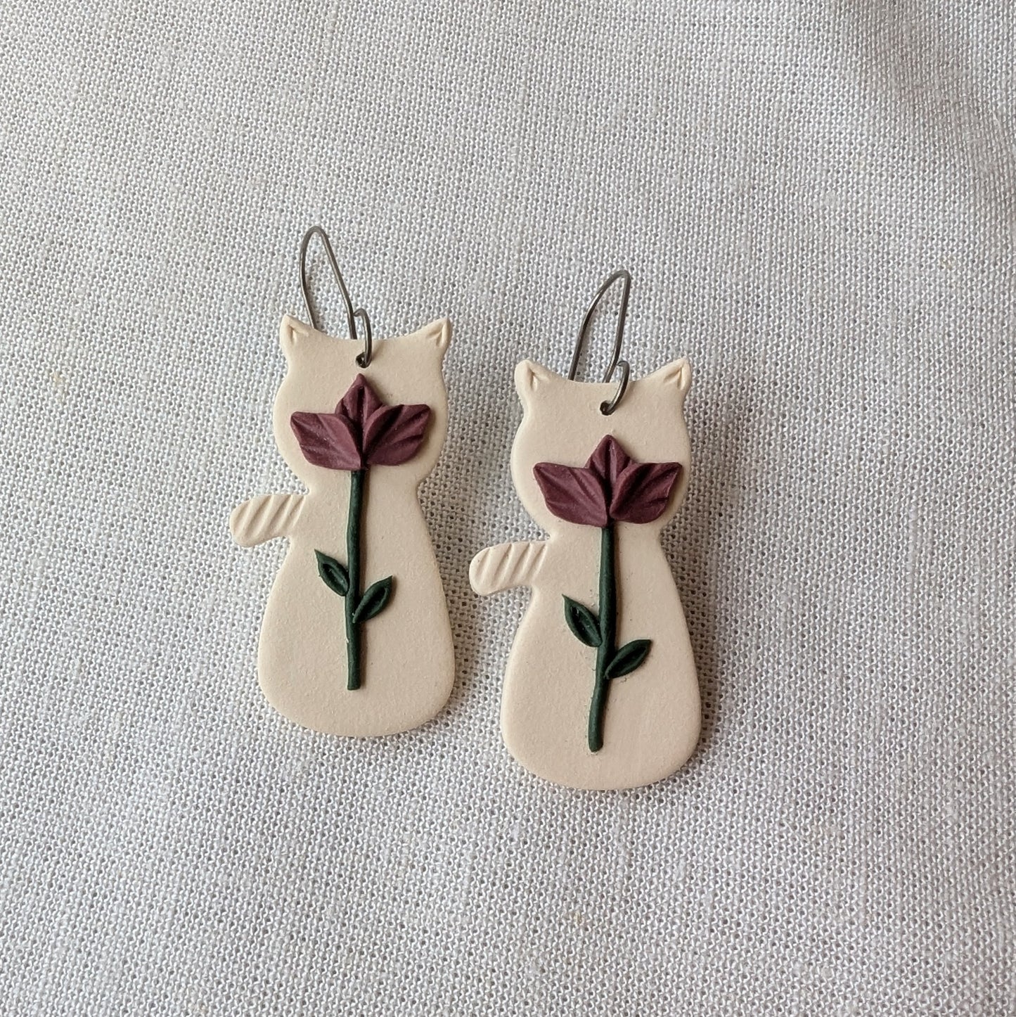 Cat Earrings in Ivory with Roses