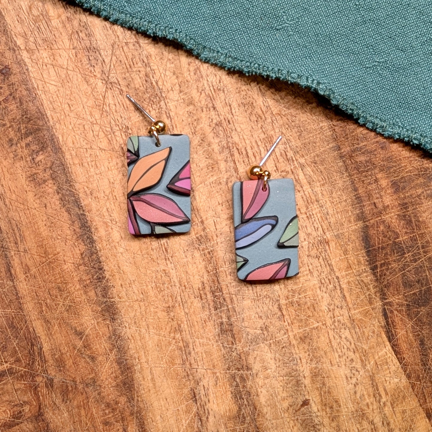 Dark Floral Rectangle Earrings in Muted Turquoise