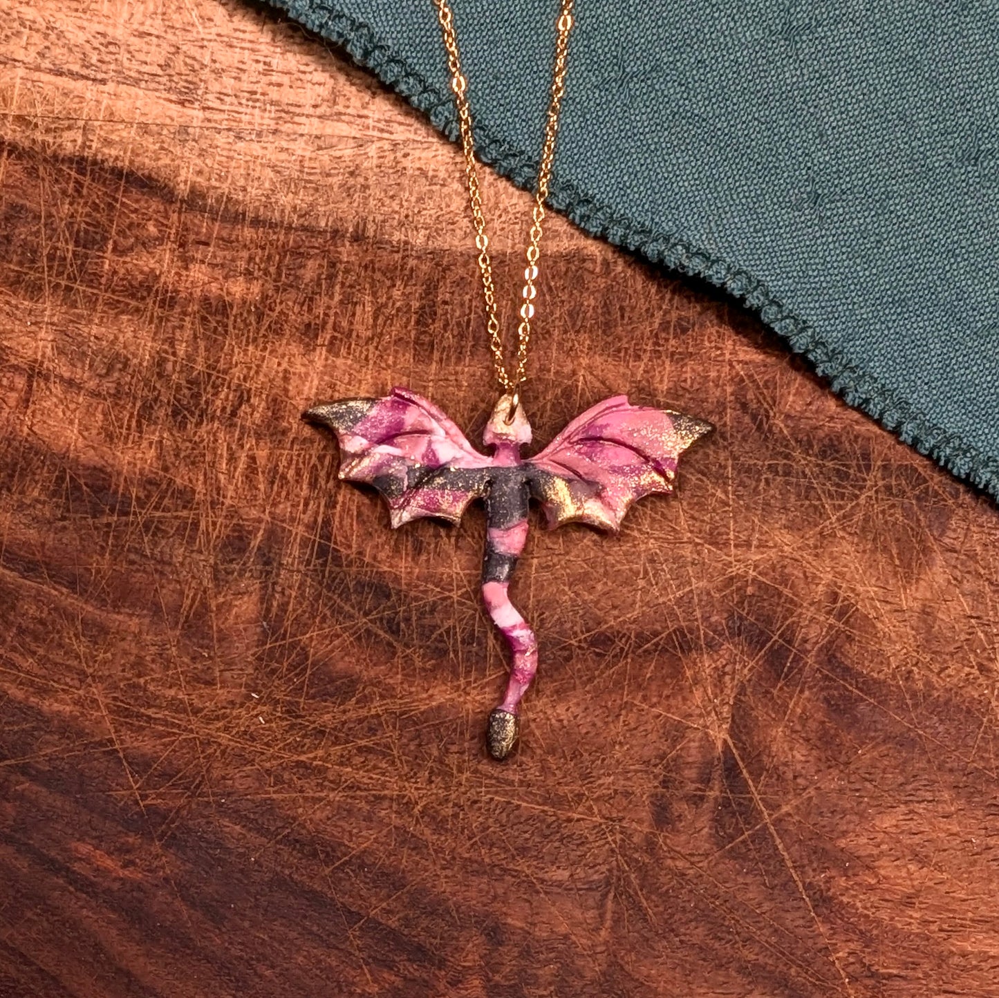 Black and Pink Dragon Necklace with Gold Highlights