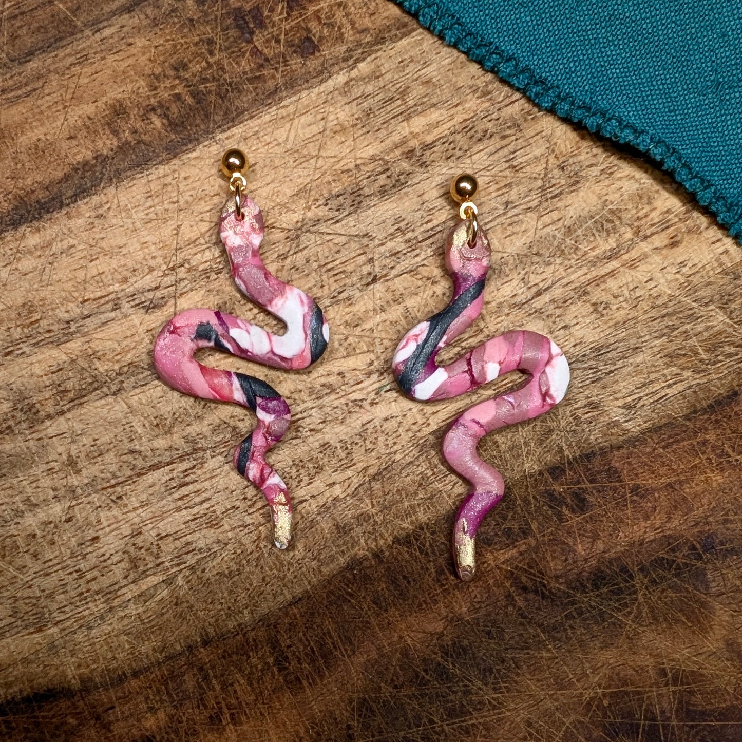 Black and Pink Snake Earrings with Gold Highlights