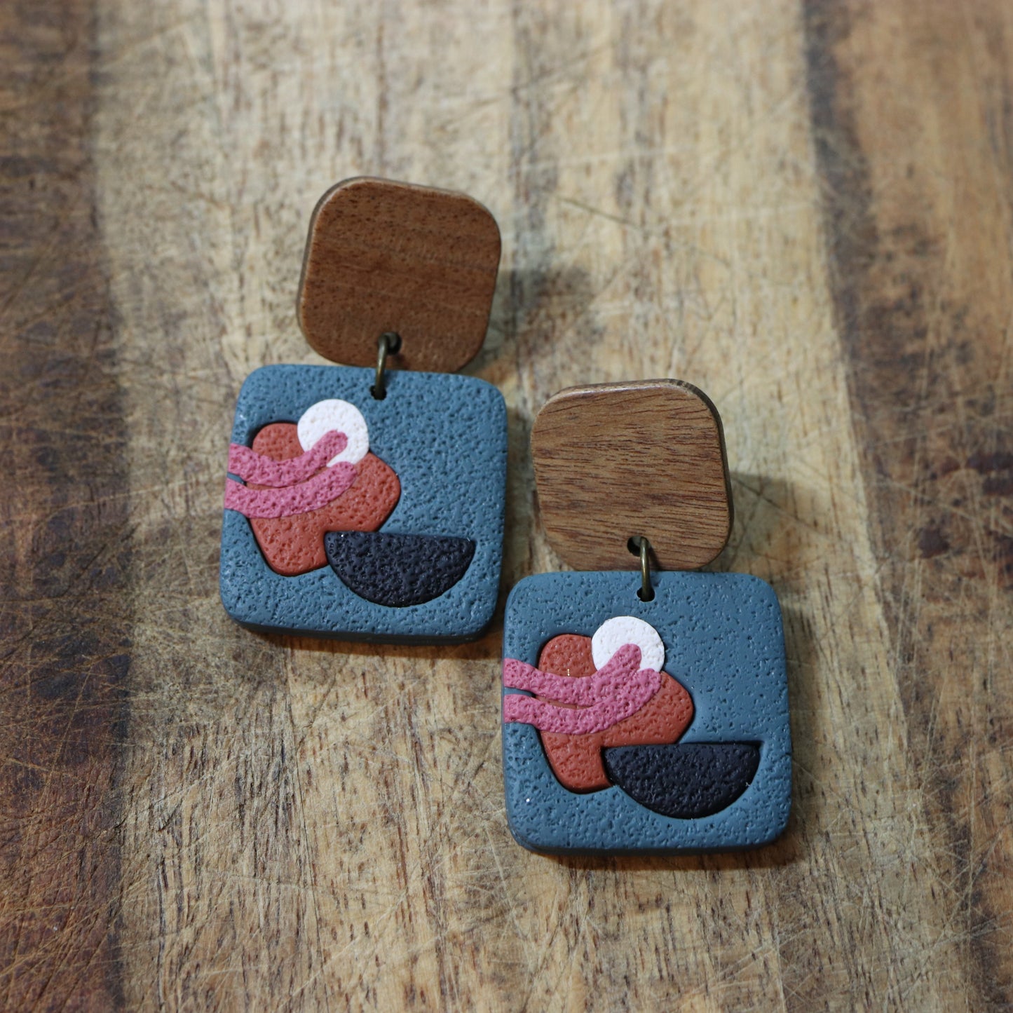 Square Earrings in Teal Abstract