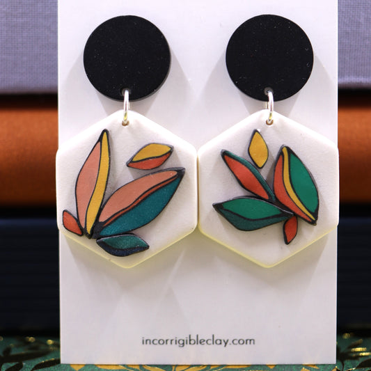 Hexagon Earrings in White Abstract Flowers