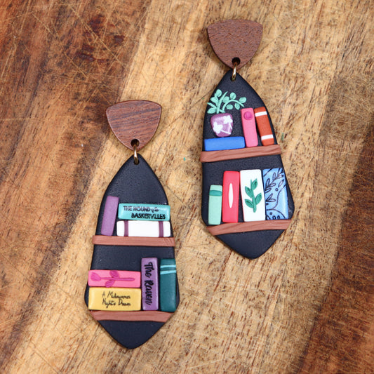 Elinor Bookshelf Earrings with "The Raven", "The Hound of Baskerville", and "A Midsummer Night's Dream"