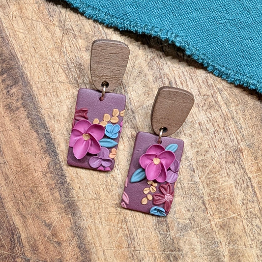Rectangle Earrings in Dark Magenta Floral