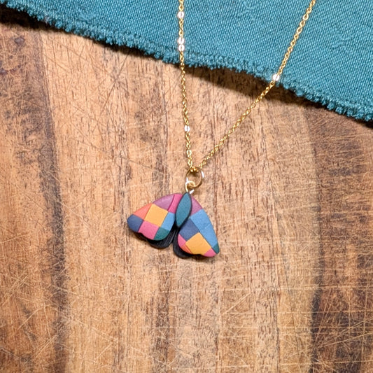 Rainbow Checked Moth Necklace