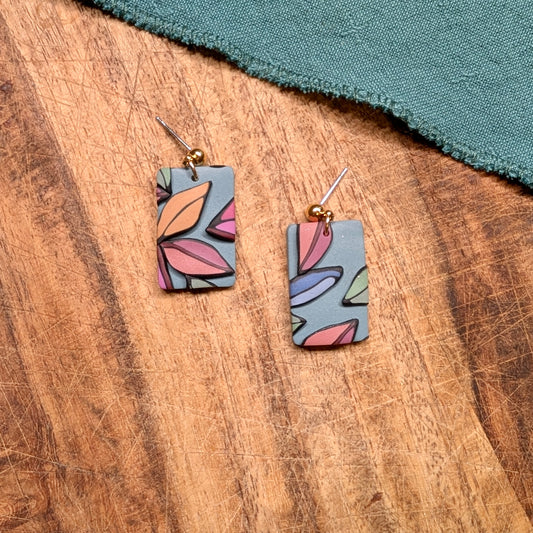 Dark Floral Rectangle Earrings in Muted Turquoise