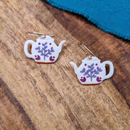 Teapot Earrings with Lavender Fauna
