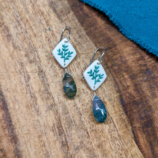 Greenhouse Diamond Earrings with Moss Agate Drop