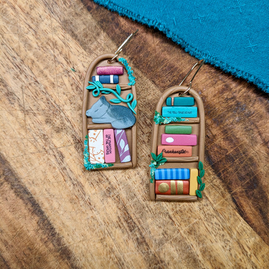 Cottage Witch Bookshelf Earrings with "Frankenstein," "Tell Tale Heart," and "Phantom of the Opera"