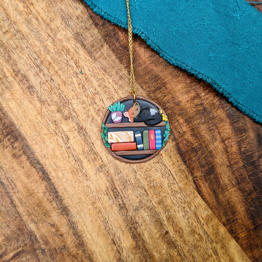 Magic Tree Bookshelf Pendant with Tortoise Cat