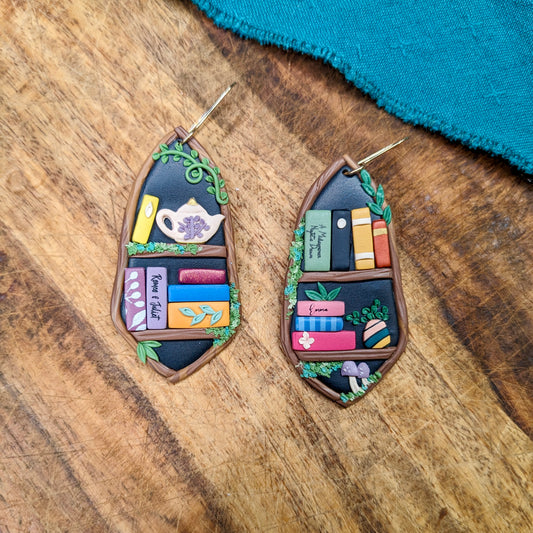Magic Tree Bookshelf Earrings with "Romeo & Juliet," "A Midsummer Nights Dream," and "Emma"