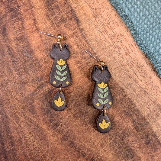 Cat Earrings in Black with Yellow Flowers