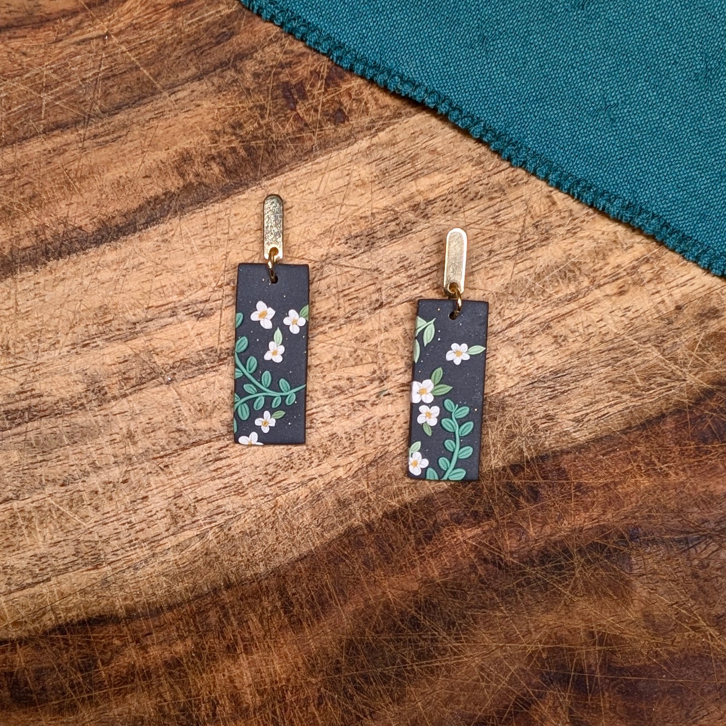 Bar Earrings in Black and White Floral 01