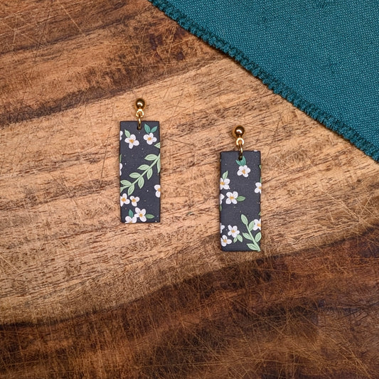 Bar Earrings in Black and White Floral 02