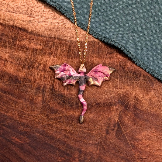 Black and Pink Dragon Necklace with Gold Highlights