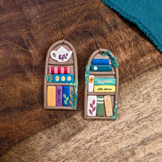 Cottage Witch Bookshelf Earrings with "Romeo & Juliet" and "Little Women"
