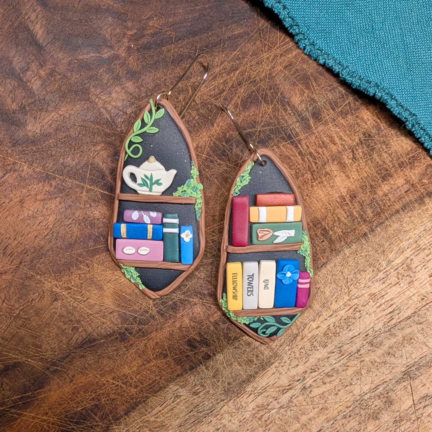 Magic Tree Bookshelf Earrings with Fantasy Titles