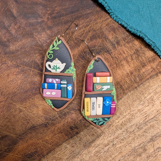 Magic Tree Bookshelf Earrings with Fantasy Titles