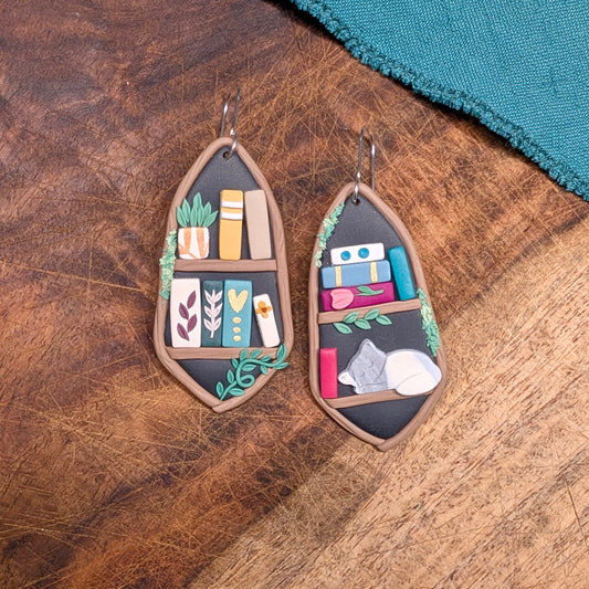 Magic Tree Bookshelf Earrings with Cat