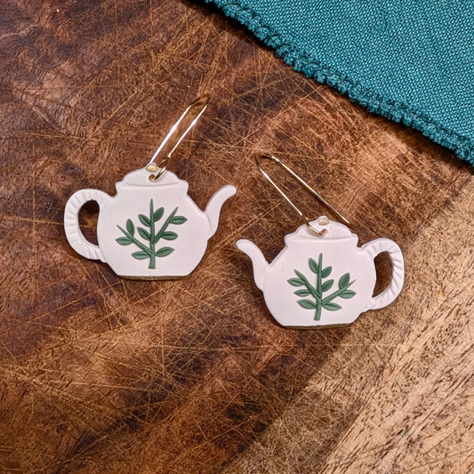 Teapot Earrings with Green Fauna