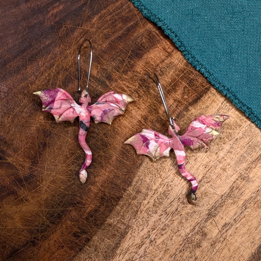 Black and Pink Dragon Earrings with Gold Highlights 01
