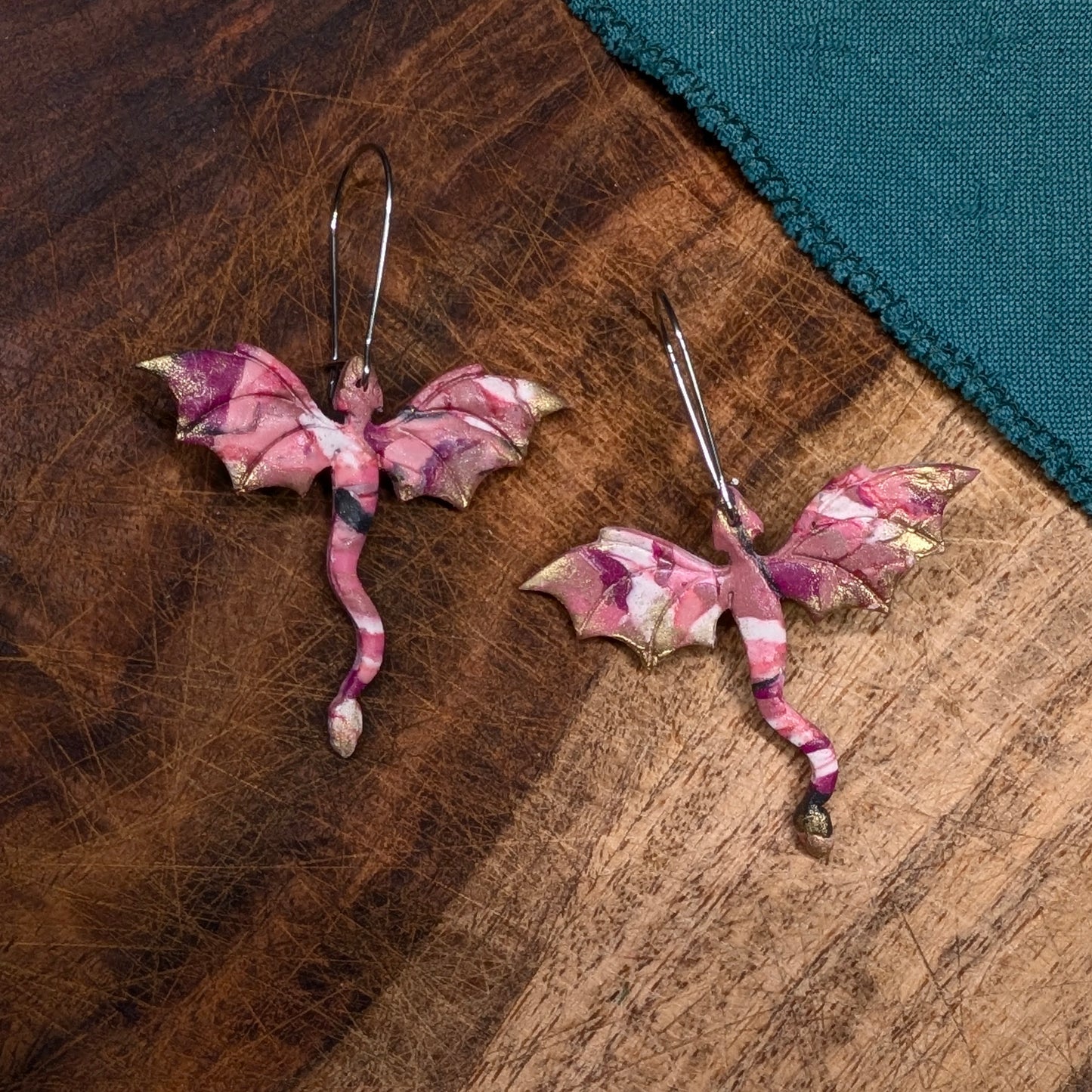 Black and Pink Dragon Earrings with Gold Highlights 02