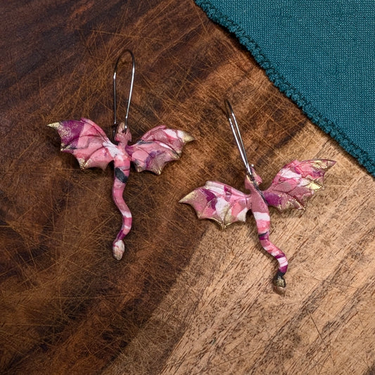 Black and Pink Dragon Earrings with Gold Highlights 02