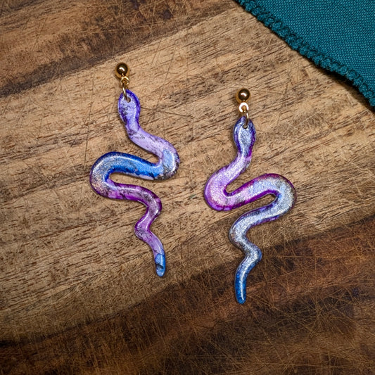 Blue and Purple Watercolor Snake Earrings