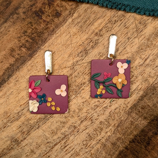 Square Earrings in Plum Floral 01