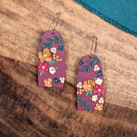 Long Arch Earrings in Plum Floral