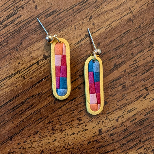 Retro Modern Bar Earrings in Rainbow Check