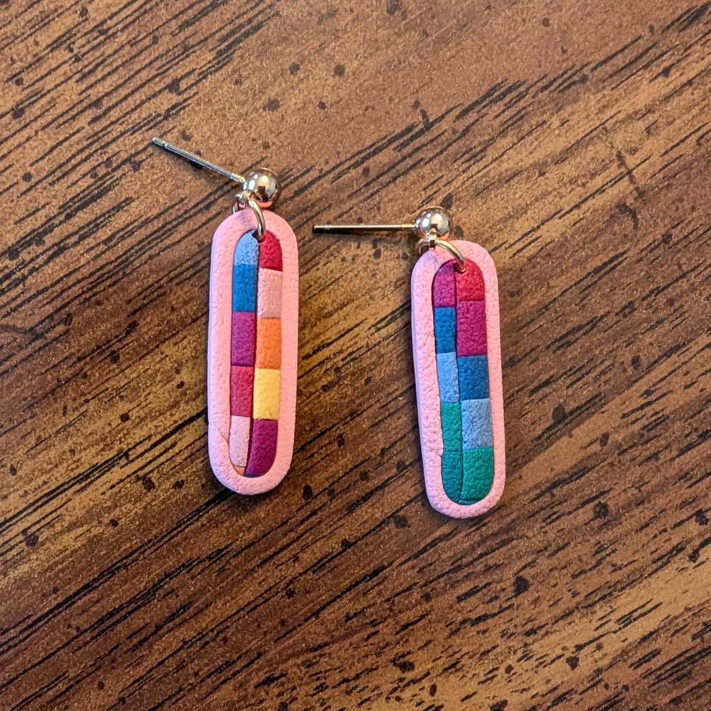Retro Modern Bar Earrings in Rainbow Check