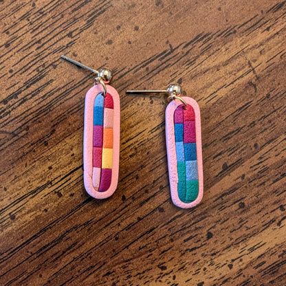 Retro Modern Bar Earrings in Rainbow Check