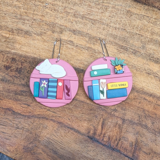 Pink Circle Bookshelf Earrings with "Little Women"