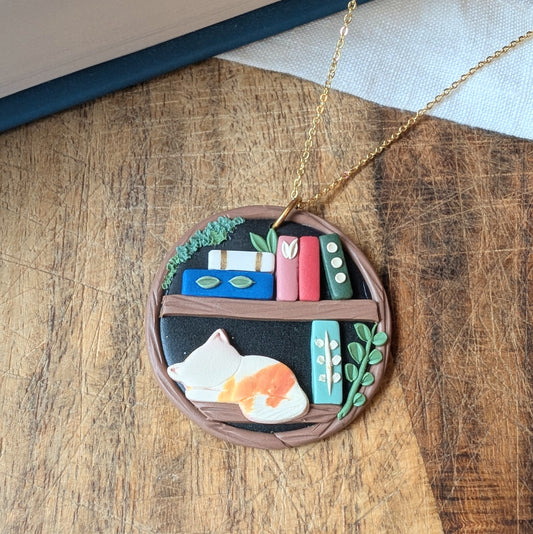 Magic Tree Bookshelf Pendant with Orange and White Cat- Gold-Plated Chain