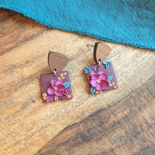 Square Earrings in Dark Magenta Floral