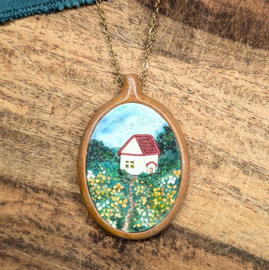 Landscape Necklace - Cottage on a Lane of Yellow Flowers