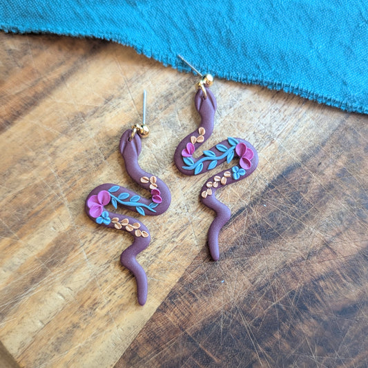 Snake Earrings in Dark Magenta Floral