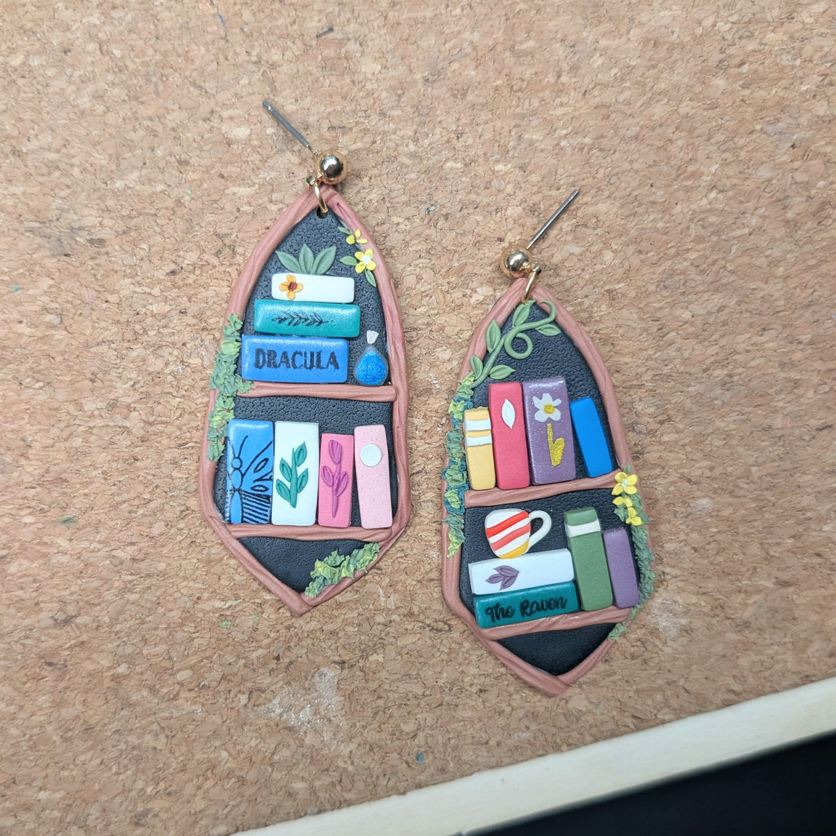 Magic Tree Bookshelf Earrings with "Dracula" and "The Raven"