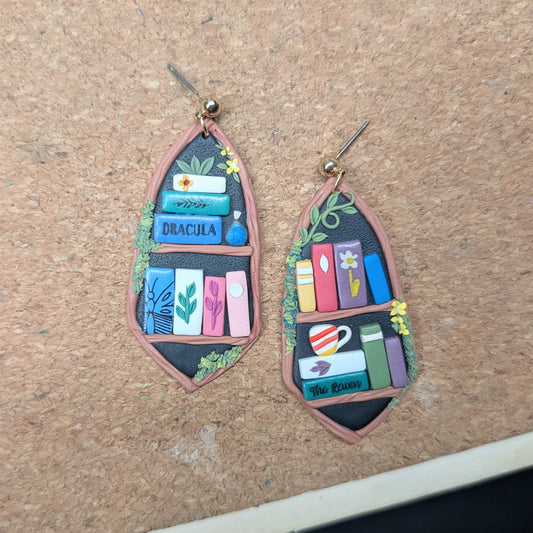 Magic Tree Bookshelf Earrings with "Dracula" and "The Raven"